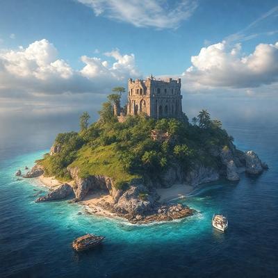 Primary subject: A large castle on a rock island in the ocean.

Setting/background: The ocean with a rock island in the middle.

Visual style: Digital art.

Colors and mood: The image is in black and white, giving it a classic and timeless feel.